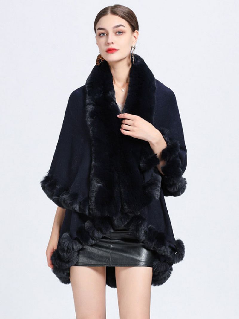 Kvinder Poncho Faux Fur Krave Cape Spring Overtøj - Mørk Navy