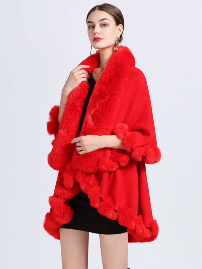 Kvinder Poncho Faux Fur Krave Cape Spring Overtøj - Rød