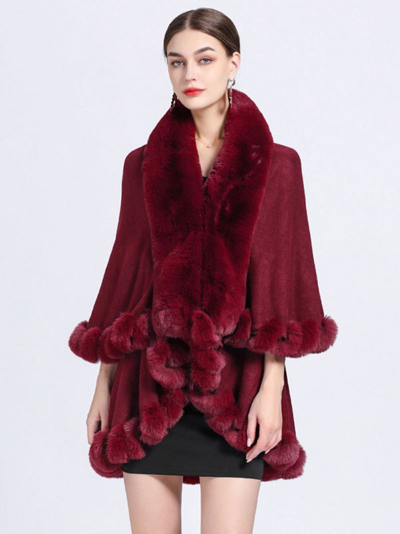 Kvinder Poncho Faux Fur Krave Cape Spring Overtøj - Burgunder