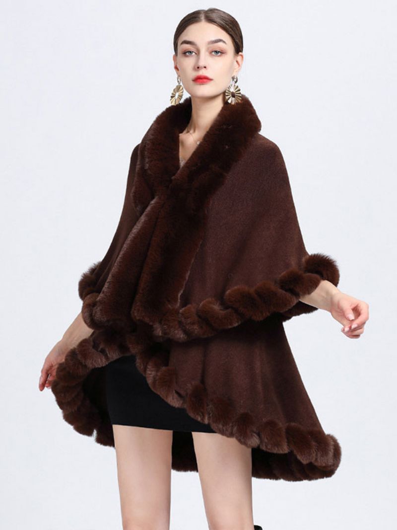 Kvinder Poncho Faux Fur Krave Cape Spring Overtøj - Kaffebrun