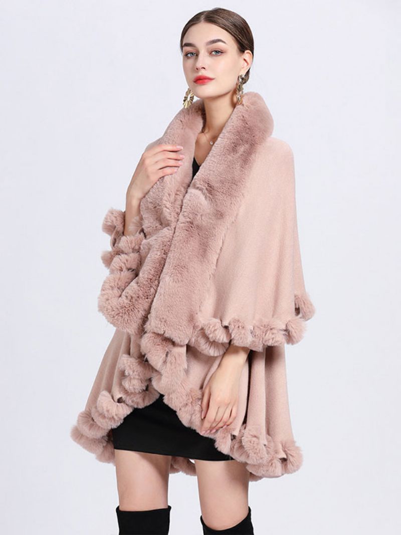 Kvinder Poncho Faux Fur Krave Cape Spring Overtøj - Pink