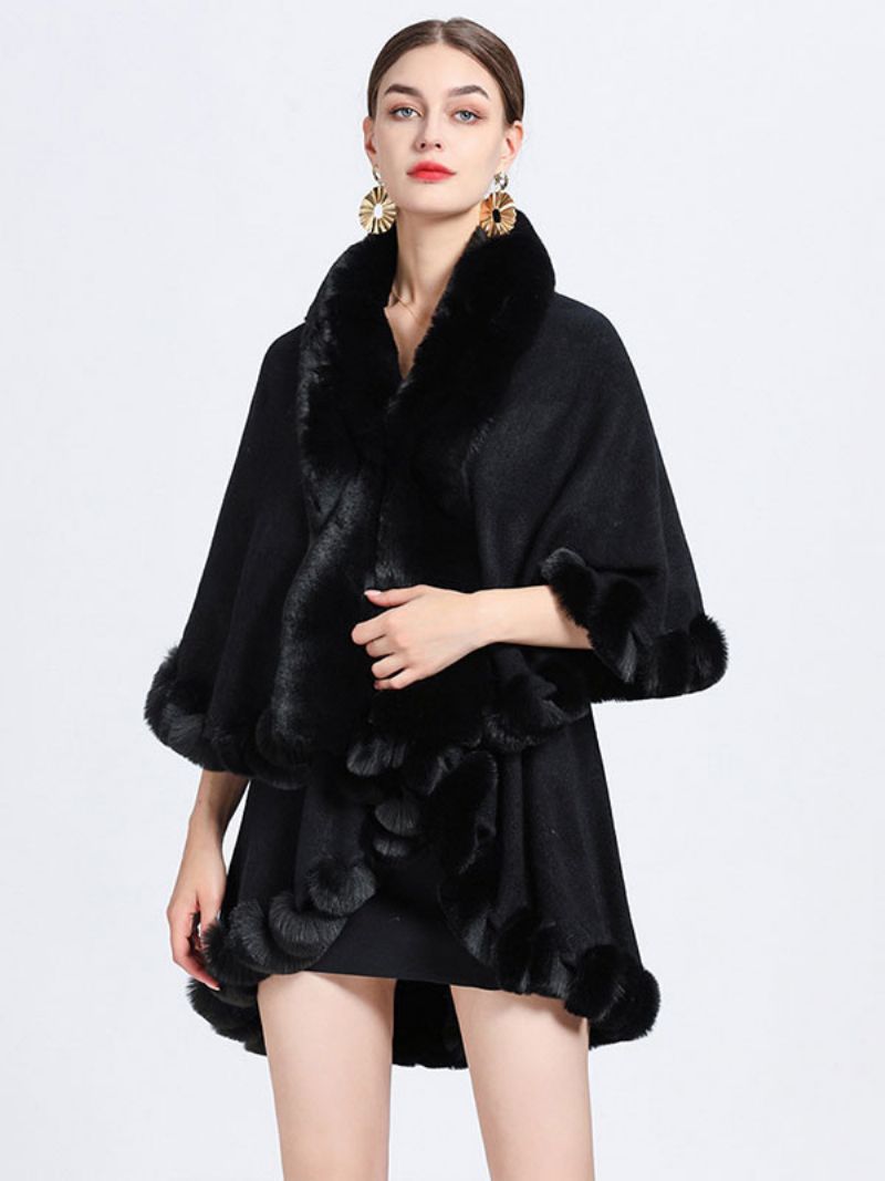 Kvinder Poncho Faux Fur Krave Cape Spring Overtøj - Sort