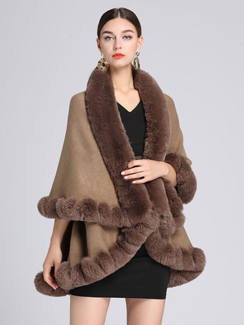 Kvinder Poncho Faux Fur Krave Cape Spring Overtøj - Khaki