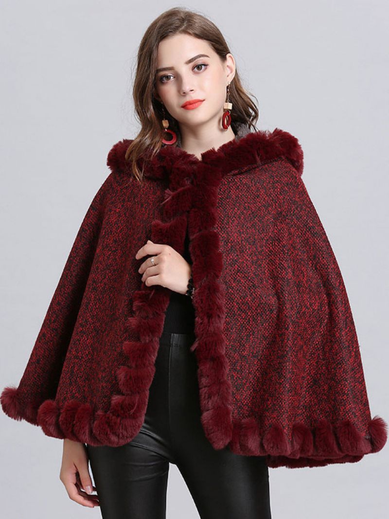 Kvinder Poncho Hætte Burgundy Cape Coat Vinterovertøj