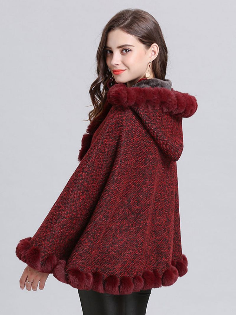 Kvinder Poncho Hætte Burgundy Cape Coat Vinterovertøj - Burgunder