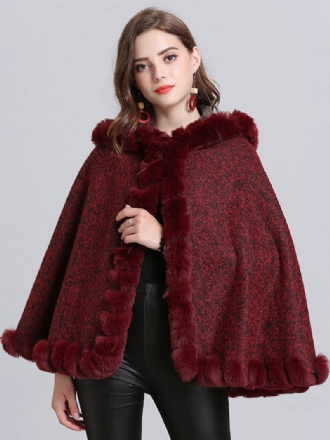 Kvinder Poncho Hætte Burgundy Cape Coat Vinterovertøj