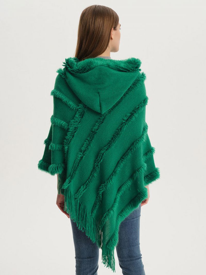 Kvinder Poncho Hætte Grøn Oversized Fringe Cape - Grøn