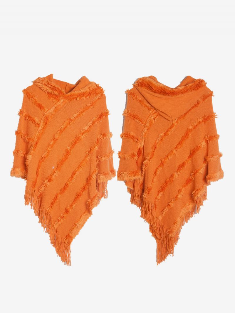 Kvinder Poncho Hætte Grøn Oversized Fringe Cape - Orange