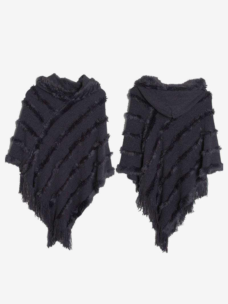 Kvinder Poncho Hætte Grøn Oversized Fringe Cape - Grå