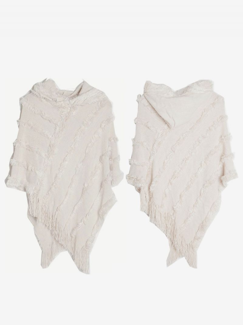 Kvinder Poncho Hætte Grøn Oversized Fringe Cape - Beige