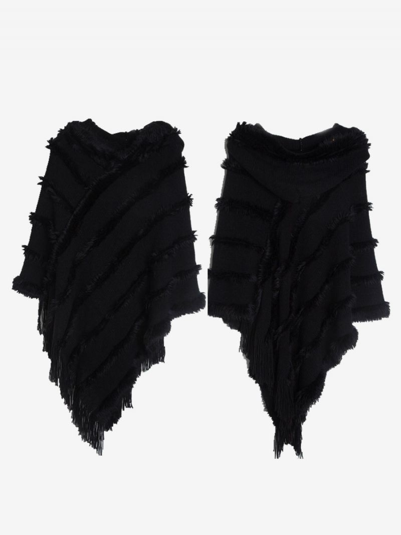 Kvinder Poncho Hætte Grøn Oversized Fringe Cape - Sort