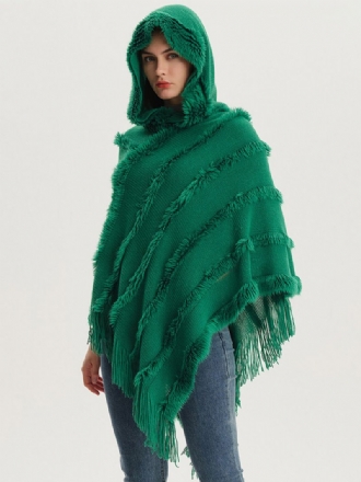 Kvinder Poncho Hætte Grøn Oversized Fringe Cape