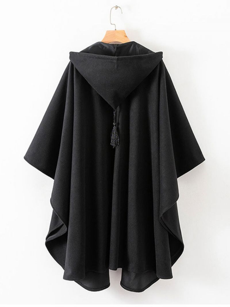 Kvinder Poncho Hætte Sort Oversized Kvaster Cape - Sort