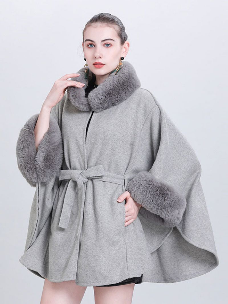 Kvinder Poncho Høj Krave Lysegrå Oversized Faux Fur Cape