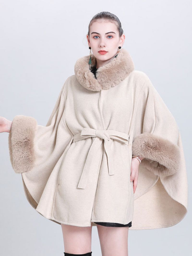 Kvinder Poncho Høj Krave Lysegrå Oversized Faux Fur Cape - Beige