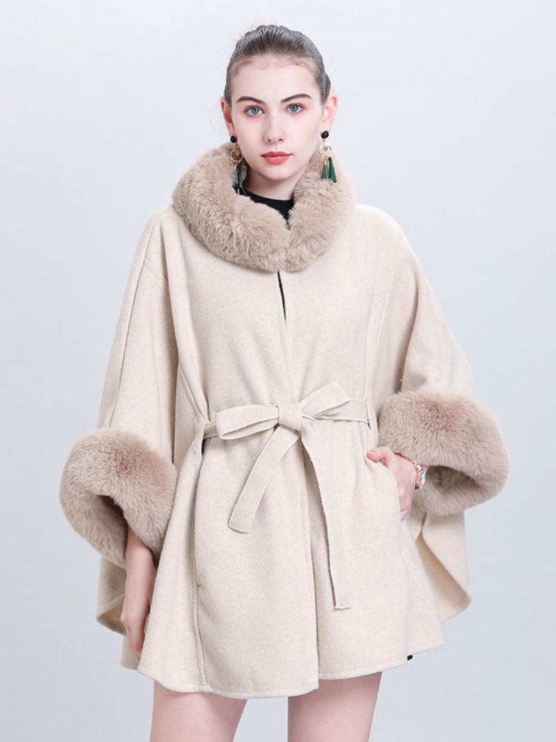 Kvinder Poncho Høj Krave Lysegrå Oversized Faux Fur Cape - Beige