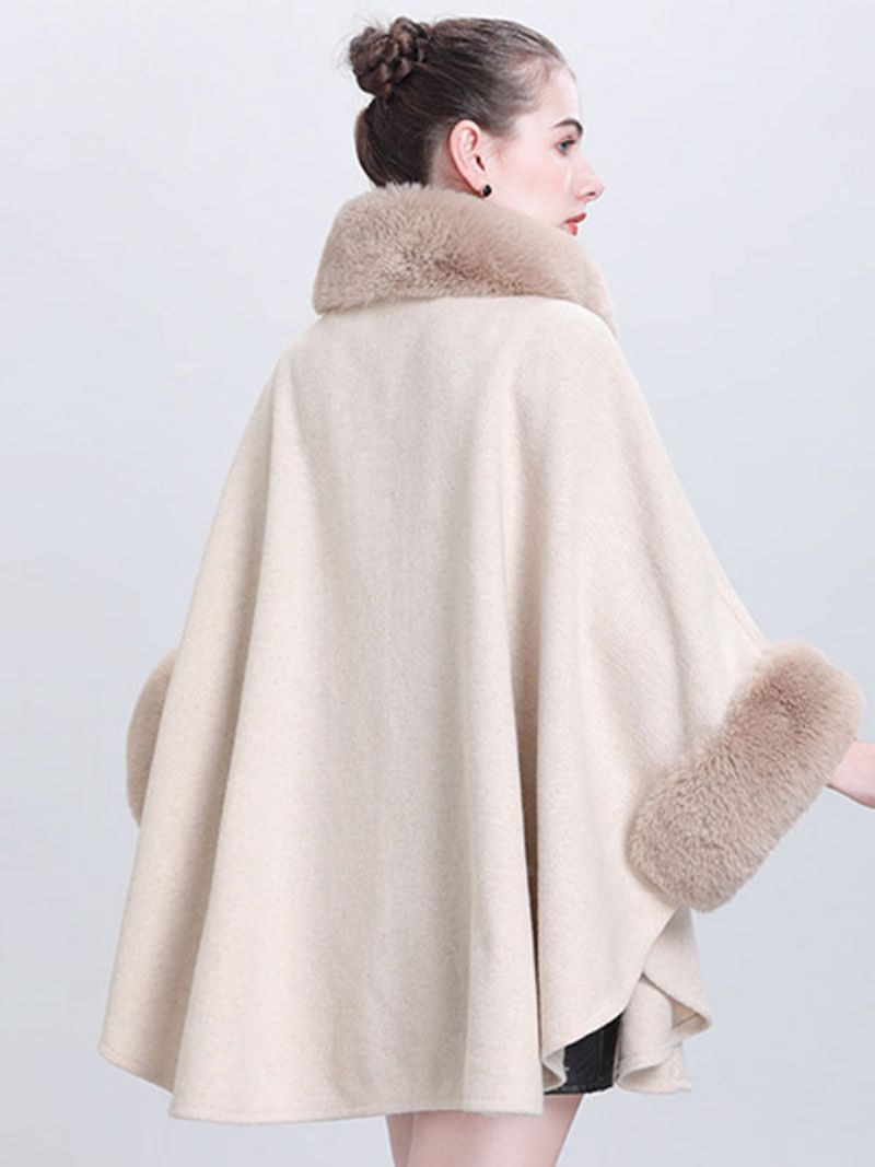 Kvinder Poncho Høj Krave Lysegrå Oversized Faux Fur Cape - Beige