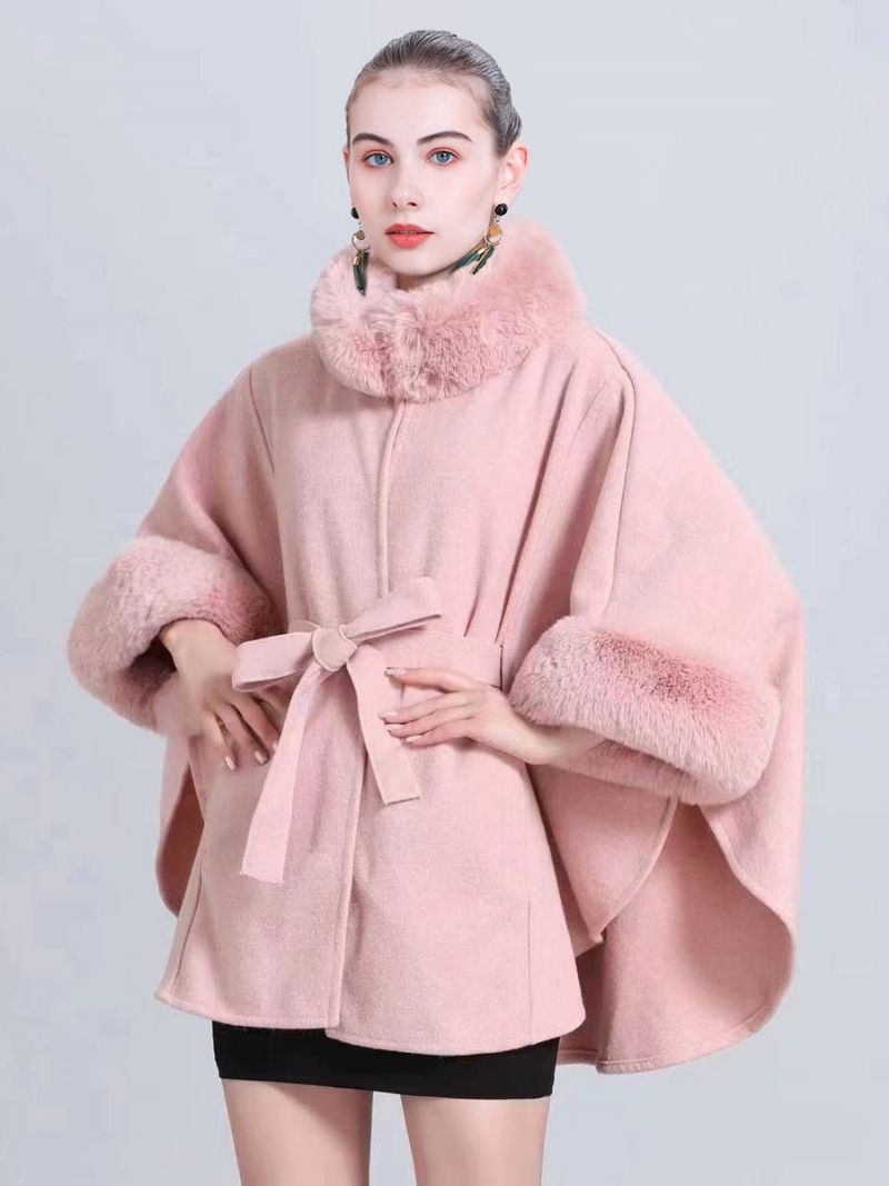 Kvinder Poncho Høj Krave Lysegrå Oversized Faux Fur Cape - Pink