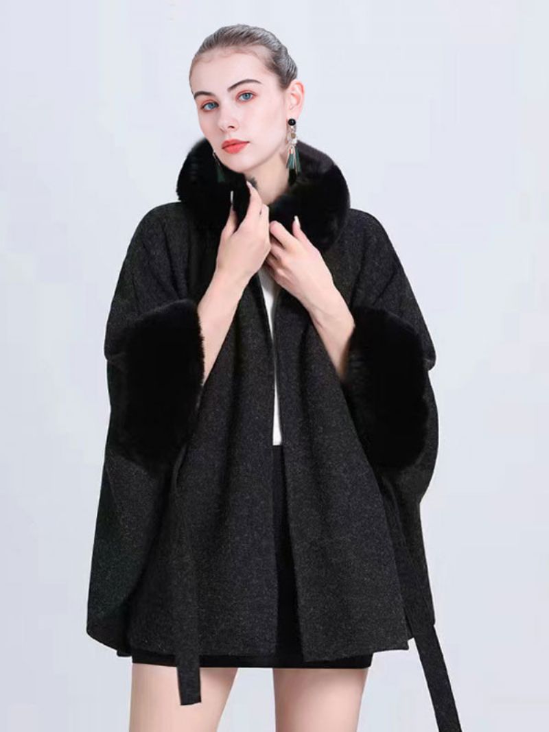 Kvinder Poncho Høj Krave Lysegrå Oversized Faux Fur Cape - Sort