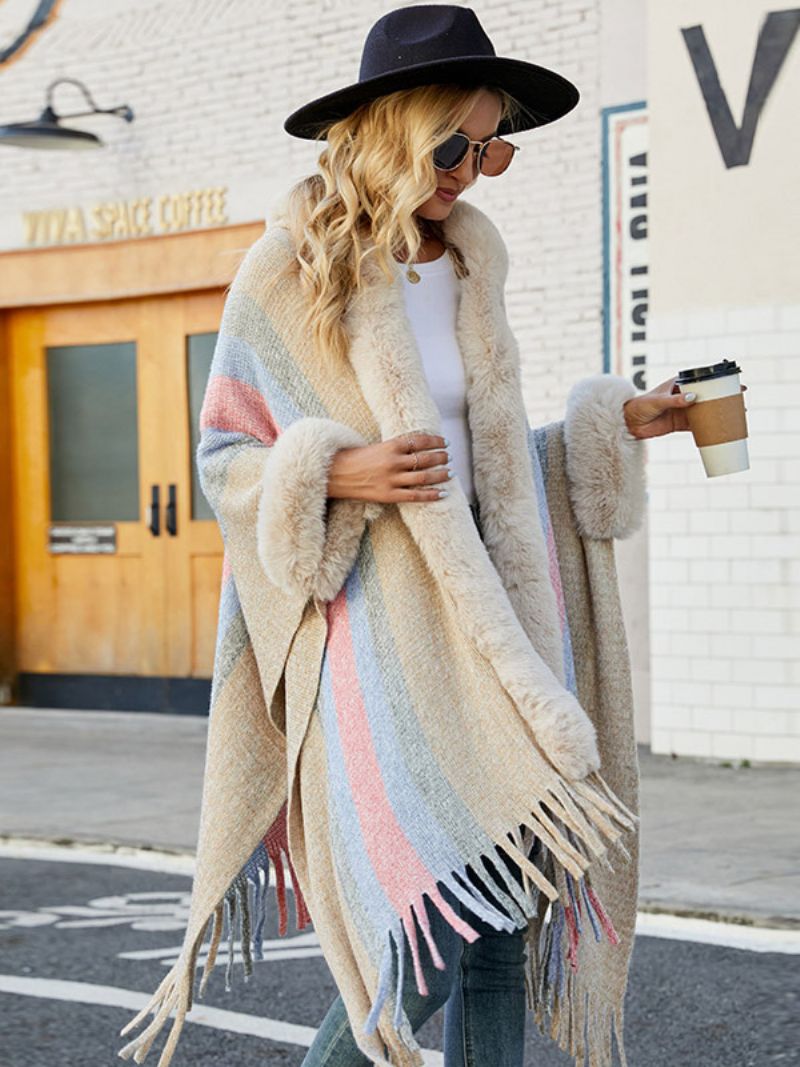 Kvinder Poncho Hooded Stripes Tassel Trim Oversized Efterår Vinter Cape - Lysegul