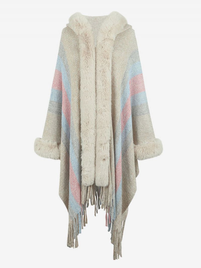 Kvinder Poncho Hooded Stripes Tassel Trim Oversized Efterår Vinter Cape - Lysegul