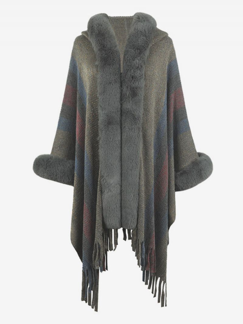 Kvinder Poncho Hooded Stripes Tassel Trim Oversized Efterår Vinter Cape - Grå