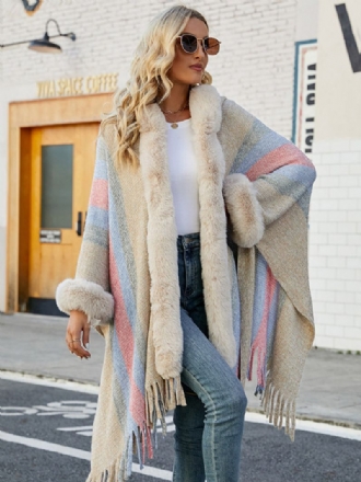 Kvinder Poncho Hooded Stripes Tassel Trim Oversized Efterår Vinter Cape