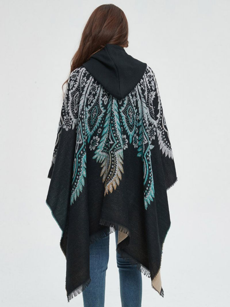 Kvinder Poncho Printet Hætte Rød Oversized Fringe Cape - Sort