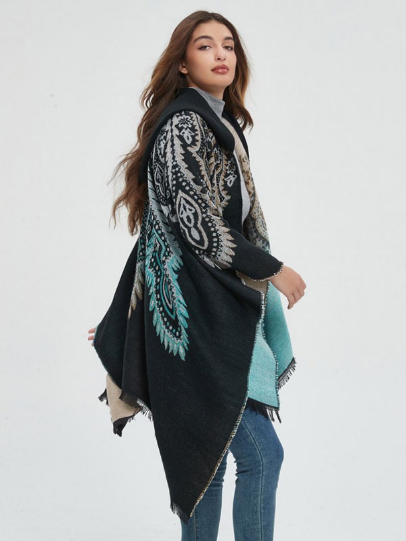 Kvinder Poncho Printet Hætte Rød Oversized Fringe Cape - Sort