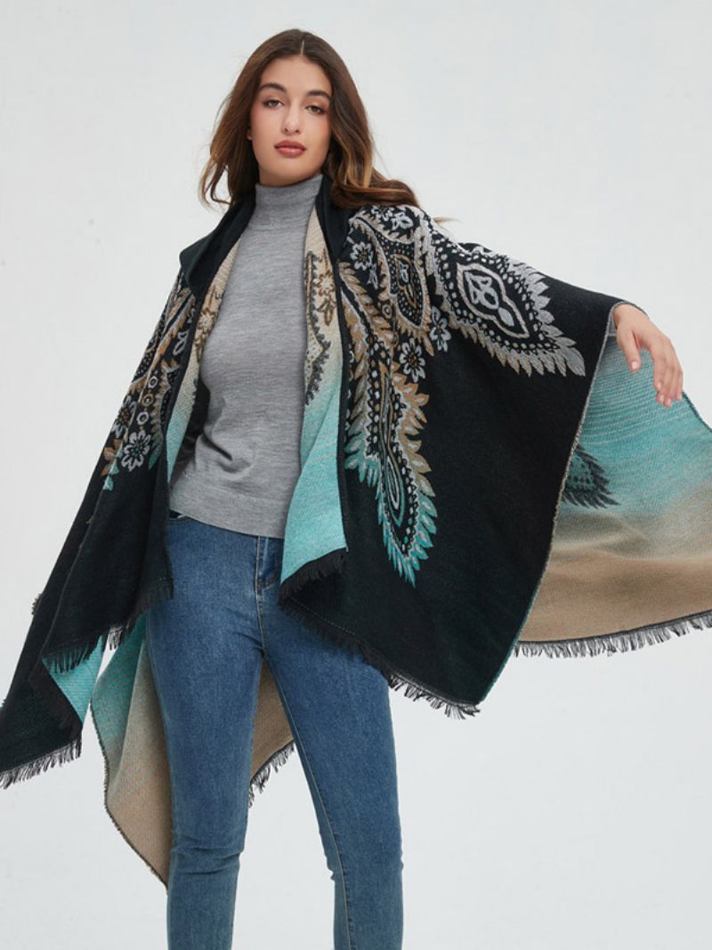 Kvinder Poncho Printet Hætte Rød Oversized Fringe Cape - Sort