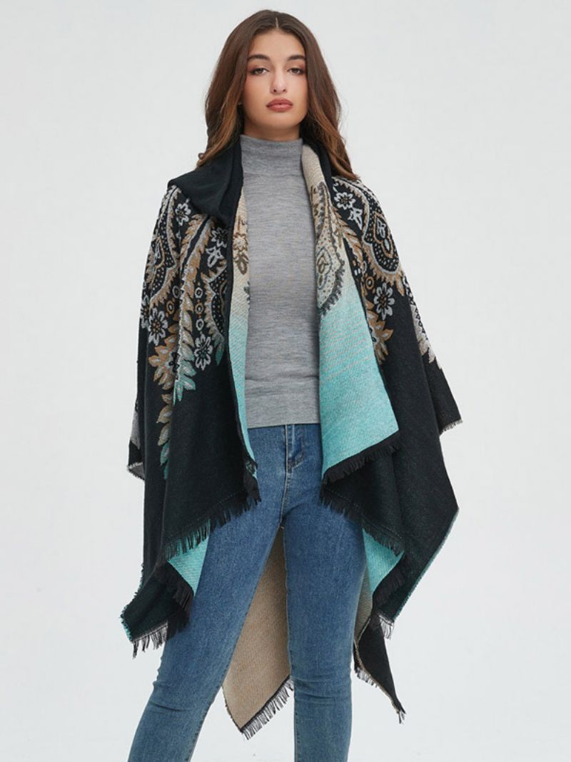 Kvinder Poncho Printet Hætte Rød Oversized Fringe Cape - Sort