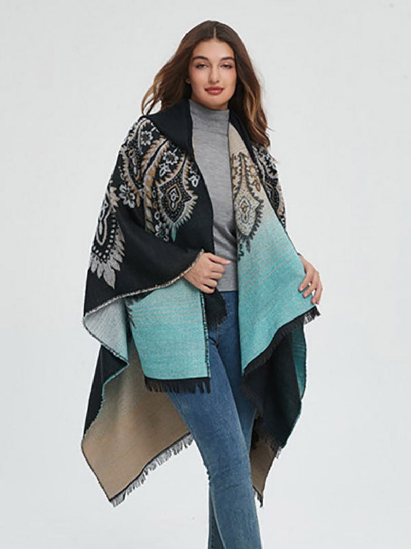 Kvinder Poncho Printet Hætte Rød Oversized Fringe Cape - Sort