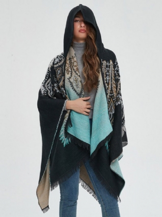 Kvinder Poncho Printet Hætte Rød Oversized Fringe Cape