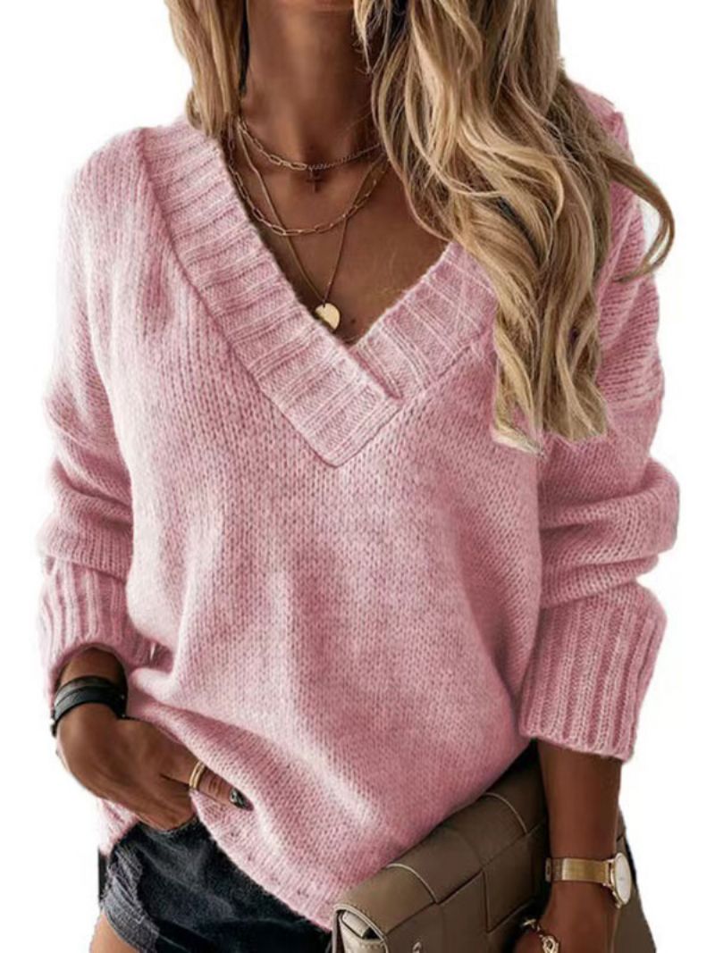 Kvinder Pullover Sweater Abrikos V-hals Langærmede Akryl Sweatere - Pink