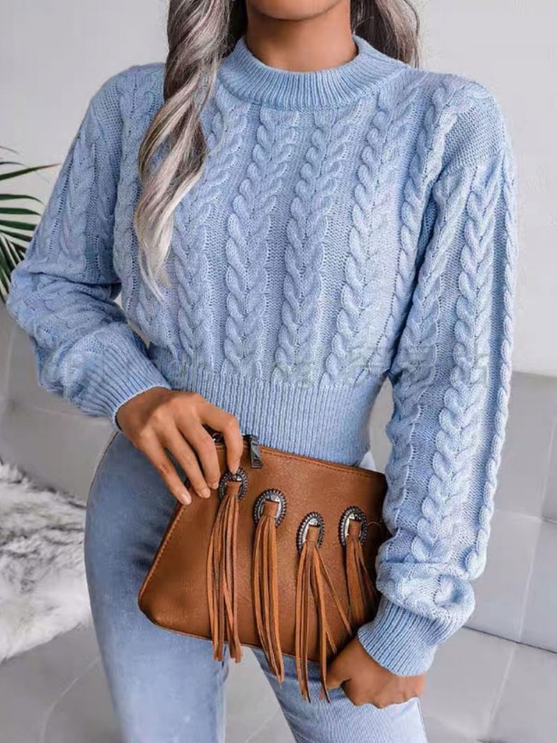 Kvinder Pullover Sweater Baby Blue Jewel Neck Lange Ærmer Bomuldstrøjer - Babyblå