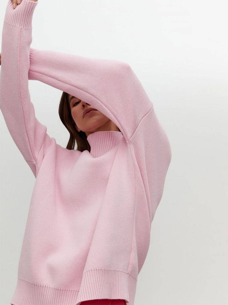 Kvinder Pullover Sweater Grøn Højkrave Langærmede Sweatere - Pink