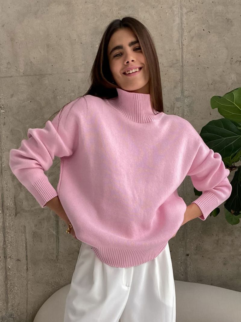 Kvinder Pullover Sweater Grøn Højkrave Langærmede Sweatere - Pink