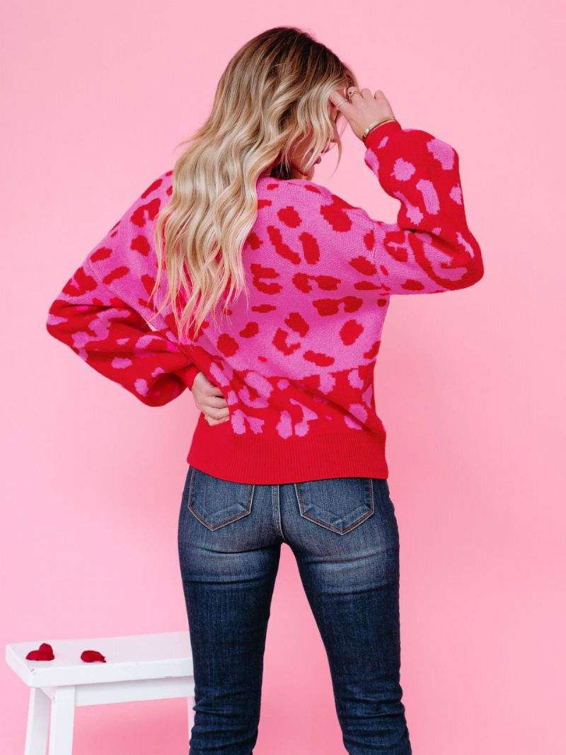 Kvinder Pullover Sweater Rose Leopard Print Jewel Neck Lange Ærmer Akryl Sweatere - Rose