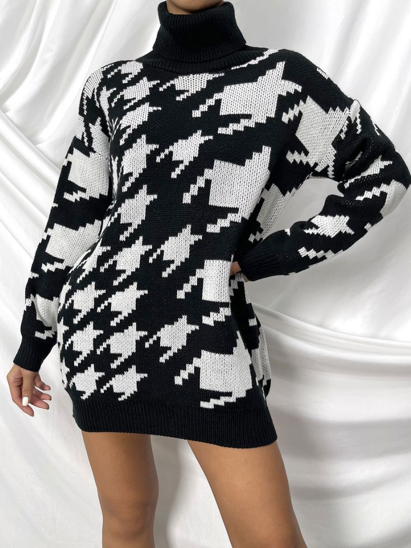 Kvinder Pullover Sweater Sort Geometrisk Højkrave Langærmede Sweatere - Sort