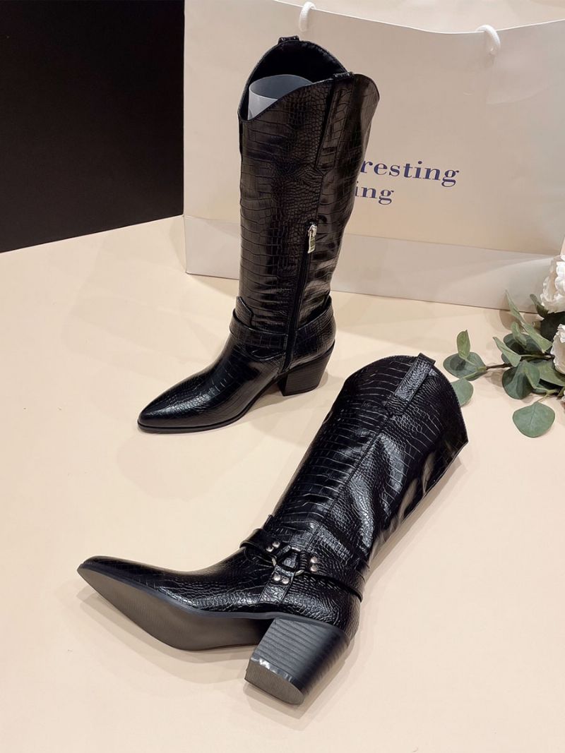 Kvinder Retro Chunky Heel Knæhøje Støvler Western - Sort