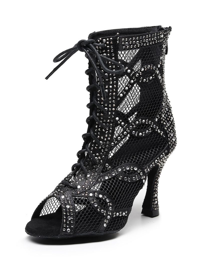 Kvinder Rhinestones Nets Lace Up Dance Booties - Sort