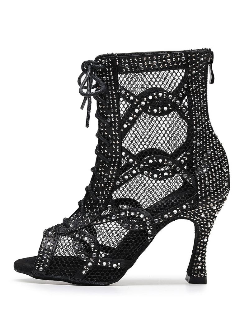 Kvinder Rhinestones Nets Lace Up Dance Booties - Sort