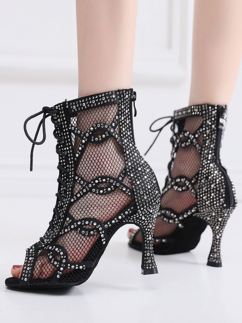 Kvinder Rhinestones Nets Lace Up Dance Booties - Sort