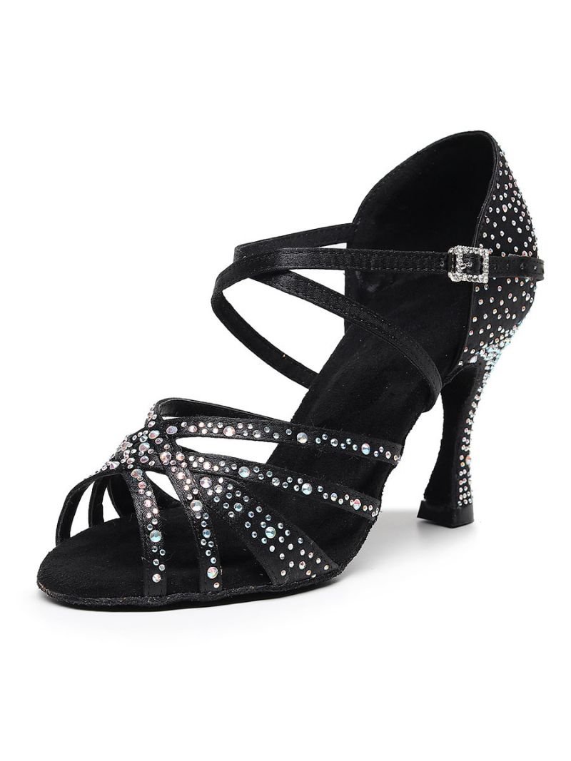 Kvinder Rhinestones Spool Hæl Strappy Dance Sko - Sort