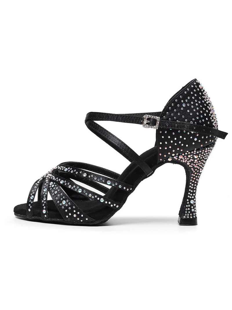 Kvinder Rhinestones Spool Hæl Strappy Dance Sko - Sort