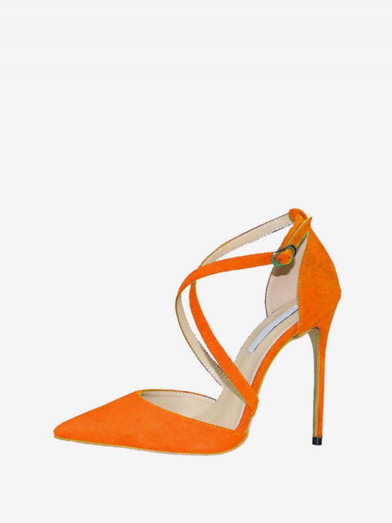 Kvinder Ruskind Høje Hæle Spidse Tå På Kryds Og Tværs Stiletto Prom Heel Pumps - Orange