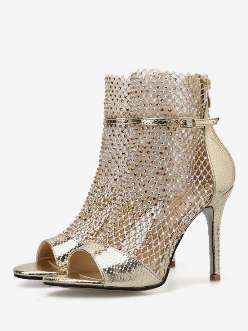 Kvinder Sandal Booties Guld Peep Toe Rhinestones Højhælede Sandalsko