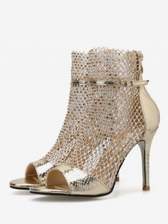 Kvinder Sandal Booties Guld Peep Toe Rhinestones Højhælede Sandalsko