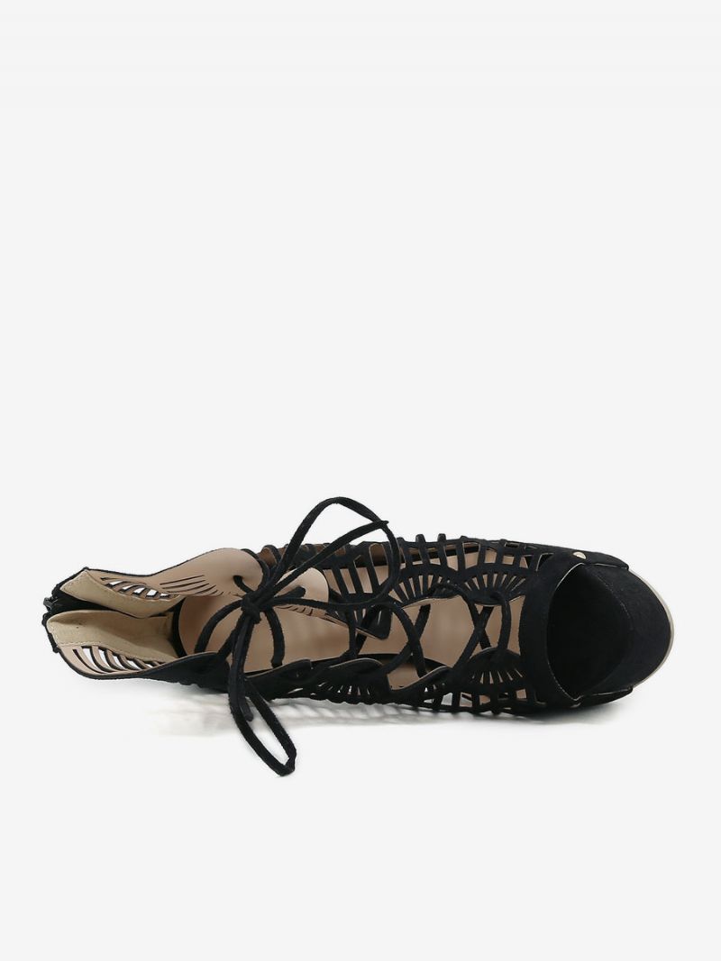 Kvinder Sexede Sandaler Sort Micro Ruskind Øvre Peep Toe 2.6 Tommer 6.3 Snøresko - Sort