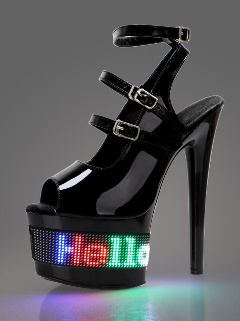 Kvinder Sexede Sandaler Sort Pu Læder Peep Toe Platform Led Detail Sko